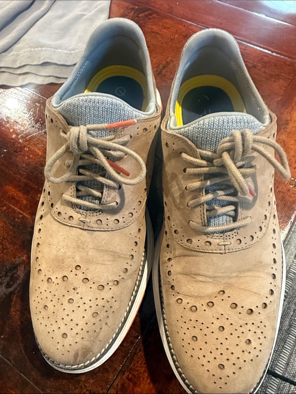 Cole Haan Tan Suede Wingtip Oxfords with Gray Knit Tongue and Yellow Insole